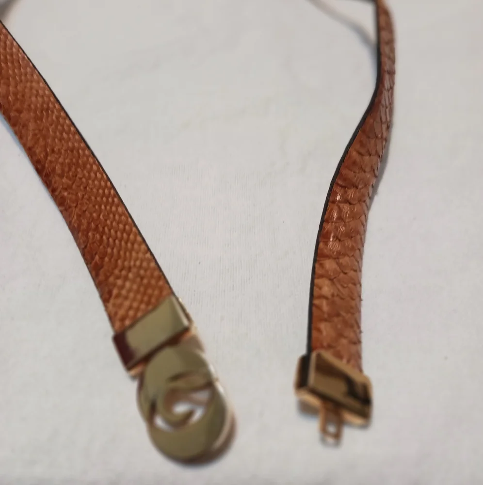 Herraje Banado Oro 24Kts Gold Plated Tan Snake Skin Leather Adjustable Vtg Belt